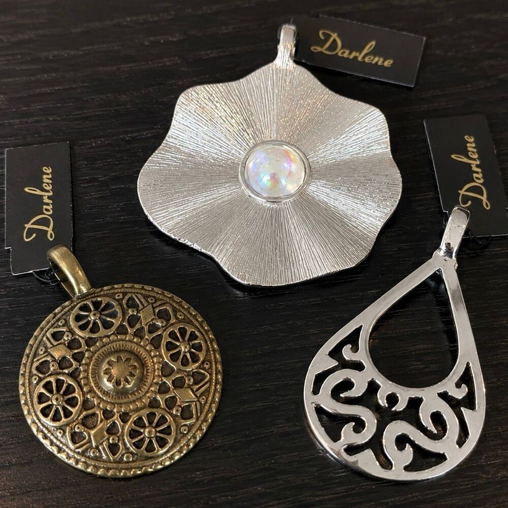 Pendant Trio – Mixed Metal Set with Crystal, Scroll, & Medallion Designs